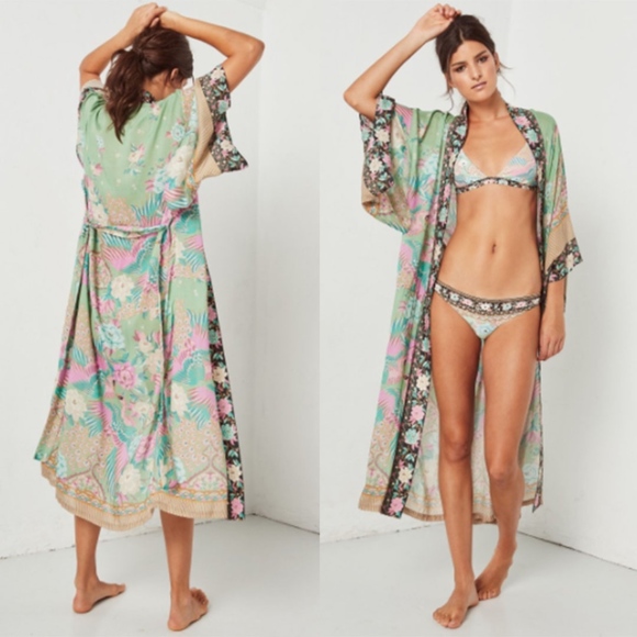 🎀 KIMONO ROBE CARDIGAN DUSTER  BOHO CHIC FLORAL KAFTAN CLOUD PASTEL FLOWER BELT - Picture 9 of 15